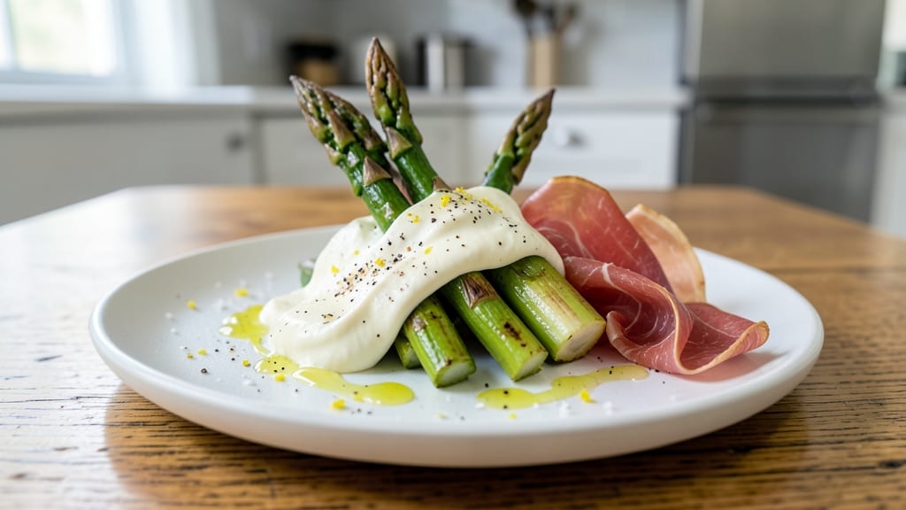 Asparagus Cream Cheese Prosciutto Recipe: Crispy Prosciutto Wrapped Asparagus with Tangy Cream Cheese Drizzle