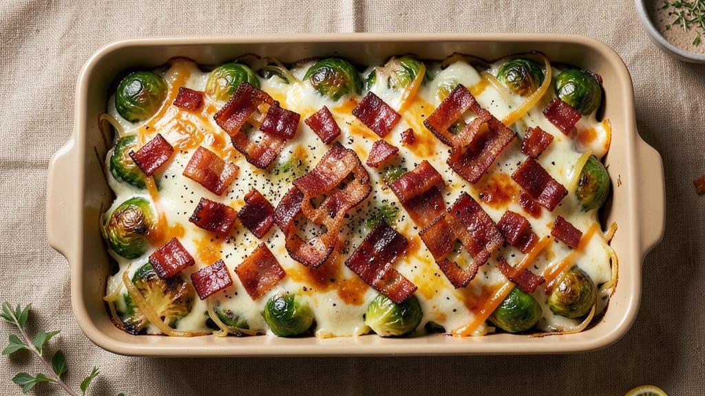 Bacon Cheese Brussels Sprouts Casserole Recipe: Crispy Top and Melty Cheese Layers