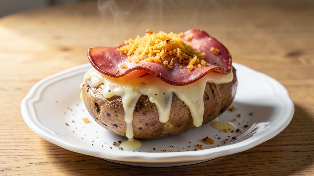 Baked Potato With Ham and Cheese Recipe: Crispy Skin, Melty Cheese Rivers