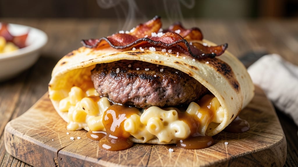 Bacon Mac N Cheese Burger Wrap Recipe: Smoky Cheese Pulls and Juicy Patties in One Bite