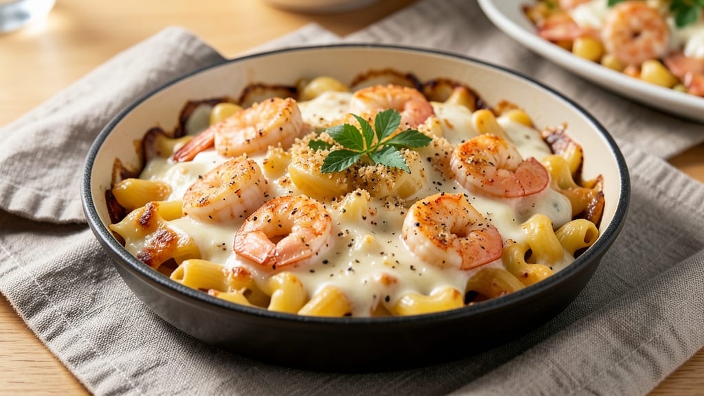 Baked Mac and Cheese With Shrimp Recipe: Creamy Bites With Crispy Top and Sweet Garlic Shrimp