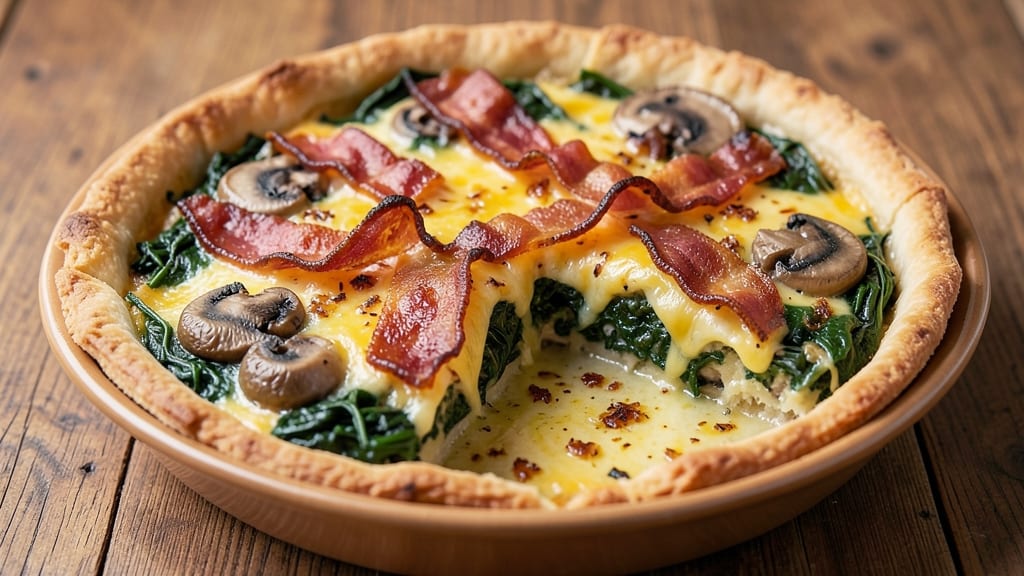 Bacon, Mushroom, Spinach, and Cheese Quiche Recipe: Savory Crust Loaded With Melty Chunks