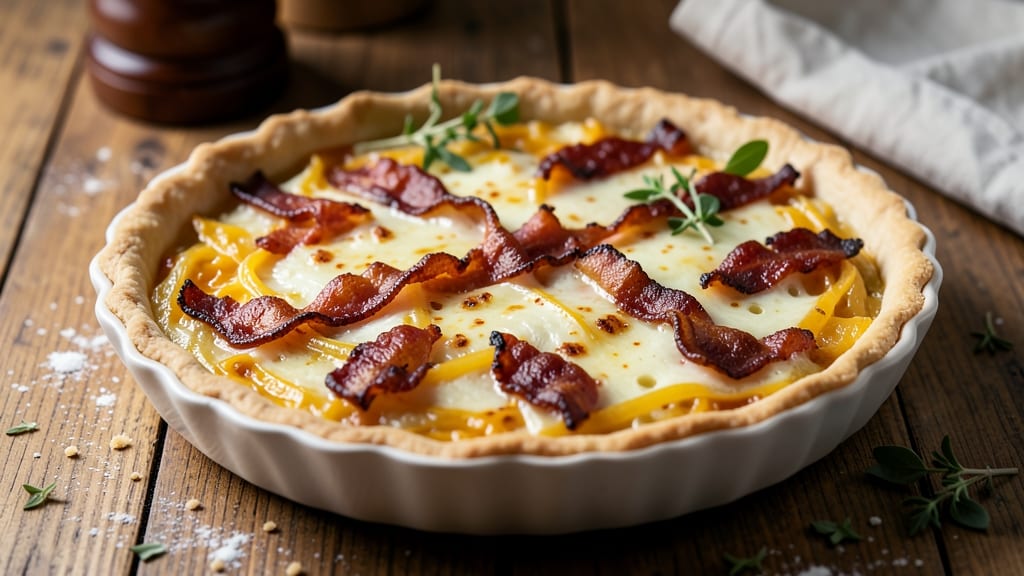 Bacon Cheese and Onion Quiche Recipe: Flaky Crust With Smoky, Melty Layers